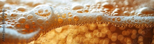 Close-up of beer foam cascading over the edge of a glass, highlighting the creamy texture and microbrewery quality Detailed, rich texture