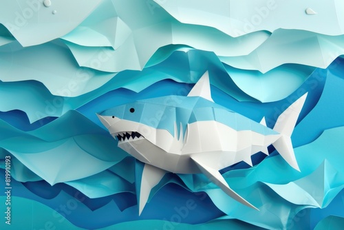 Paper shark floating in a wave, suitable for educational materials
