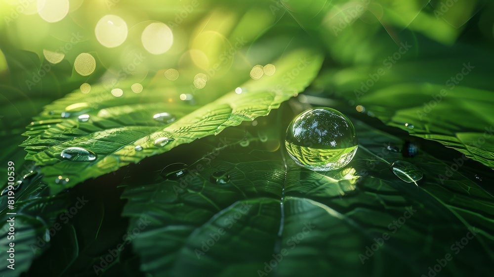 Render a sunlit raindrop resting on a lush green leaf, highlighting the crystal-clear sphere and the refracted world within it, radiating tranquility and purity Render a sunlit raindrop resting on a lush green leaf, highlighting the crystal-clear sphere and the refracted world within it, radiating tranquility and purity