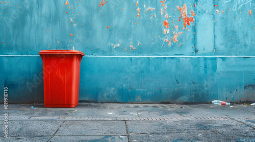 red garbage bin wall behind