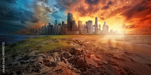 A poignant portrayal of global warming effects  capturing the contrast between human activity 