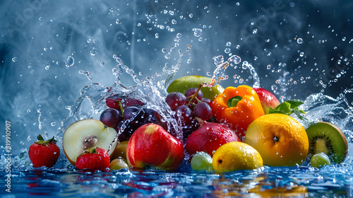 Explosion of vegetables with water droplets