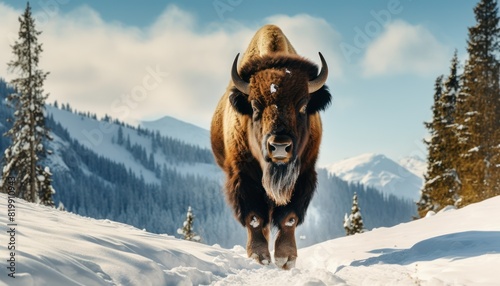 Bison thick fur covered with frost and snow, Bison walks in extreme winter weather, standing above snow with a view of the frost mountains