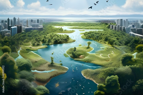 Aerial Photograph of a River Delta with Rich Greenery