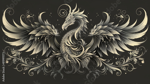 tattoo illustration, scary, sharp monster with wings, gothic, floral decorations