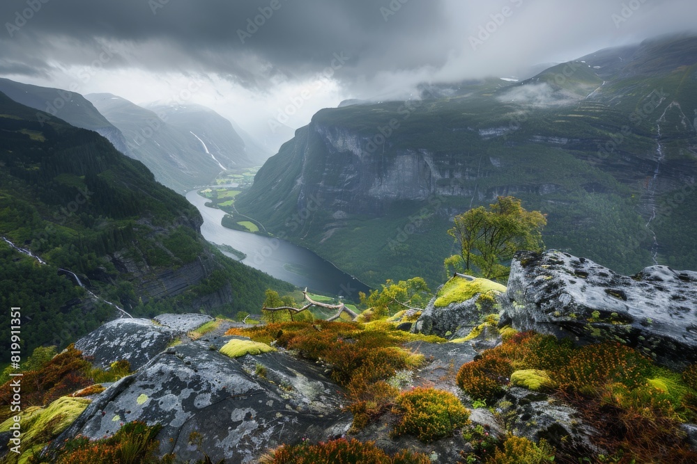 Obraz premium Majestic mountain landscape showcasing the beauty of nature with lush greenery and beautiful skies.
