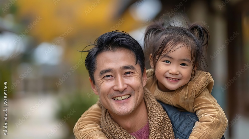 Obraz premium Heartwarming scene of an Asian dad and daughter, the father giving a piggyback ride, full of smiles