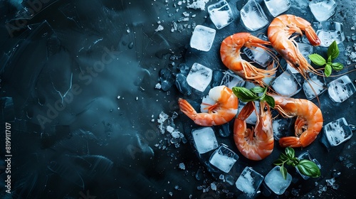 Elevated view of pile of shrimps on ice cubes : Generative AI