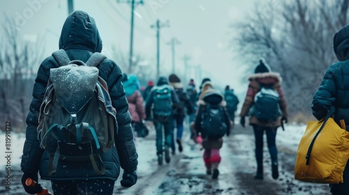 A group of Ukrainian refugees and asylum seekers bravely march along a snow-covered road photo