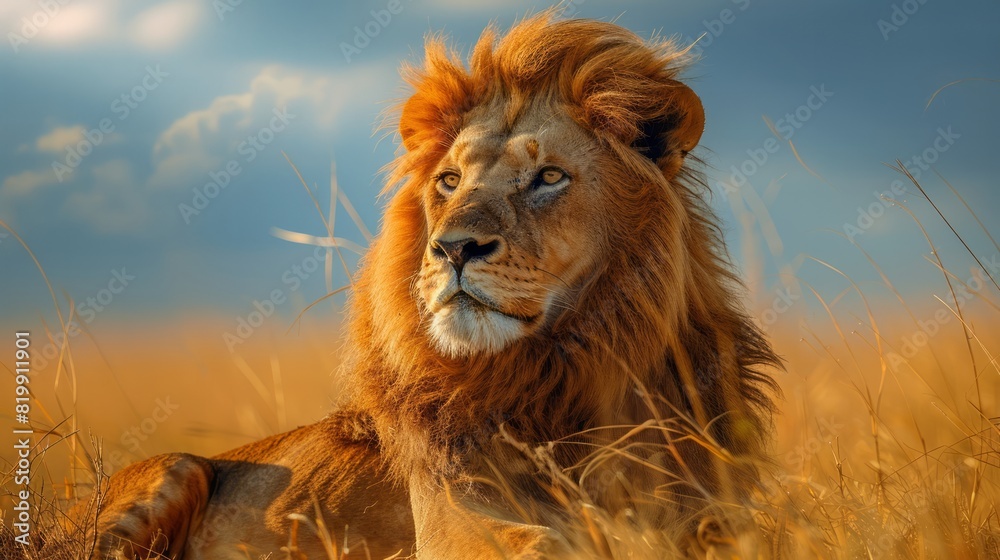 Majestic lion lounging in the savannah, showcasing the beauty and power of wildlife in its natural habitat.