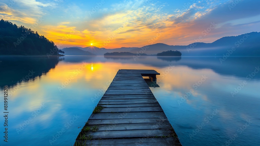 Fototapeta premium A Peaceful Morning by the Lake,Sunrise Over Calm Waters