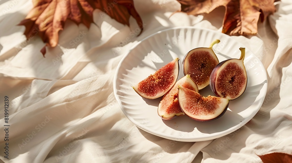 Aesthetic fig fruit autumn composition cut fig on plate with dried leaves and natural sunlight shadows on neutral beige linen tablecloth Lifestyle fall healthy vitamin food diet concep : Generative AI Aesthetic fig fruit autumn composition cut fig on plate with dried leaves and natural sunlight shadows on neutral beige linen tablecloth Lifestyle fall healthy vitamin food diet concep : Generative AI