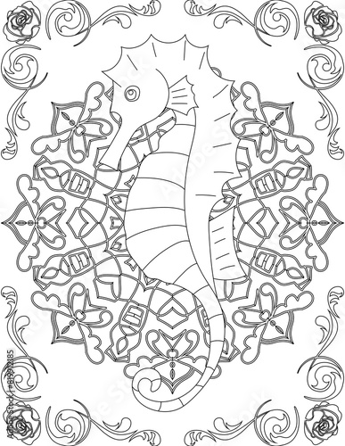 Seahorse on Mandala Coloring Page. Printable Coloring Worksheet for Adults and Kids. Educational Resources for School and Preschool. Mandala Coloring for Adults