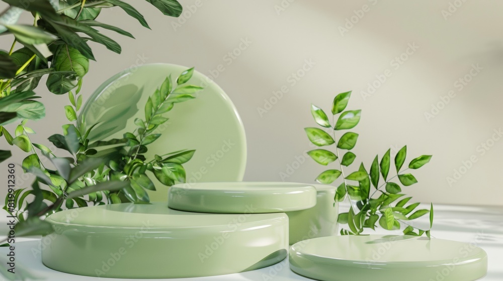 Eco-Friendly Kitchen Display Featuring Pastel Green Ceramic Podiums Surrounded by Fresh Kelp in Minimalistic Setting with Warm Lighting Eco-Friendly Kitchen Display Featuring Pastel Green Ceramic Podiums Surrounded by Fresh Kelp in Minimalistic Setting with Warm Lighting