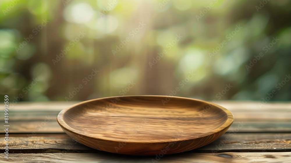 Empty wooden plate on wood table Soft blurry background of free space for your copy and branding Use as products display montage Vintage style concept : Generative AI Empty wooden plate on wood table Soft blurry background of free space for your copy and branding Use as products display montage Vintage style concept : Generative AI