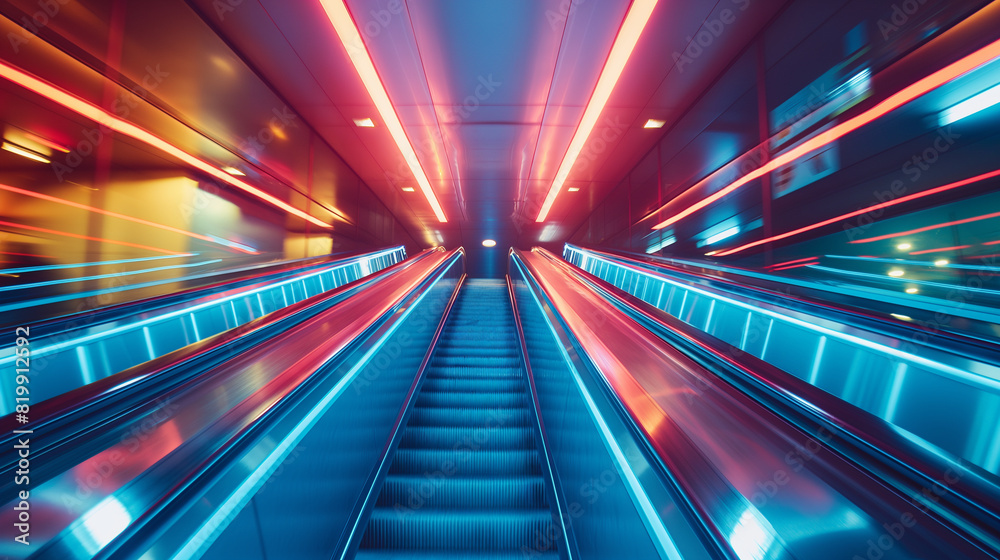 A long, narrow, blue escalator with a reflective surface A long, narrow, blue escalator with a reflective surface