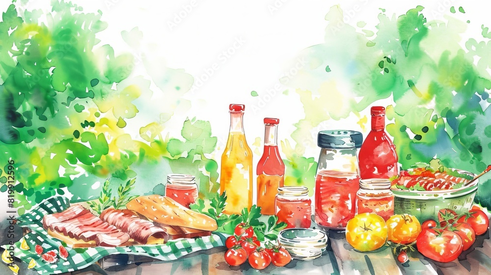 A table with a variety of food and condiments, including a sandwich, tomatoes, having a barbecue, bbq, illustrations, summer activities. A table with a variety of food and condiments, including a sandwich, tomatoes, having a barbecue, bbq, illustrations, summer activities.