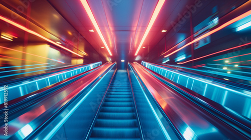 A long, narrow, blue escalator with a reflective surface © wassana
