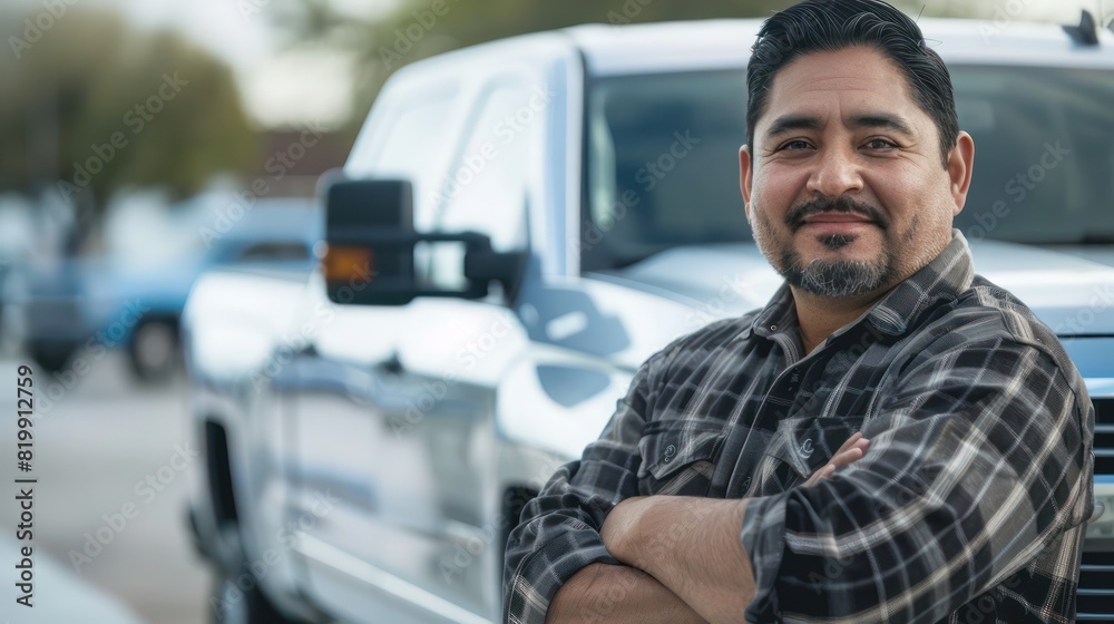 A proud Hispanic sales representative standing next to a brand new truck on the dealership lot, ready to make a deal. A proud Hispanic sales representative standing next to a brand new truck on the dealership lot, ready to make a deal.