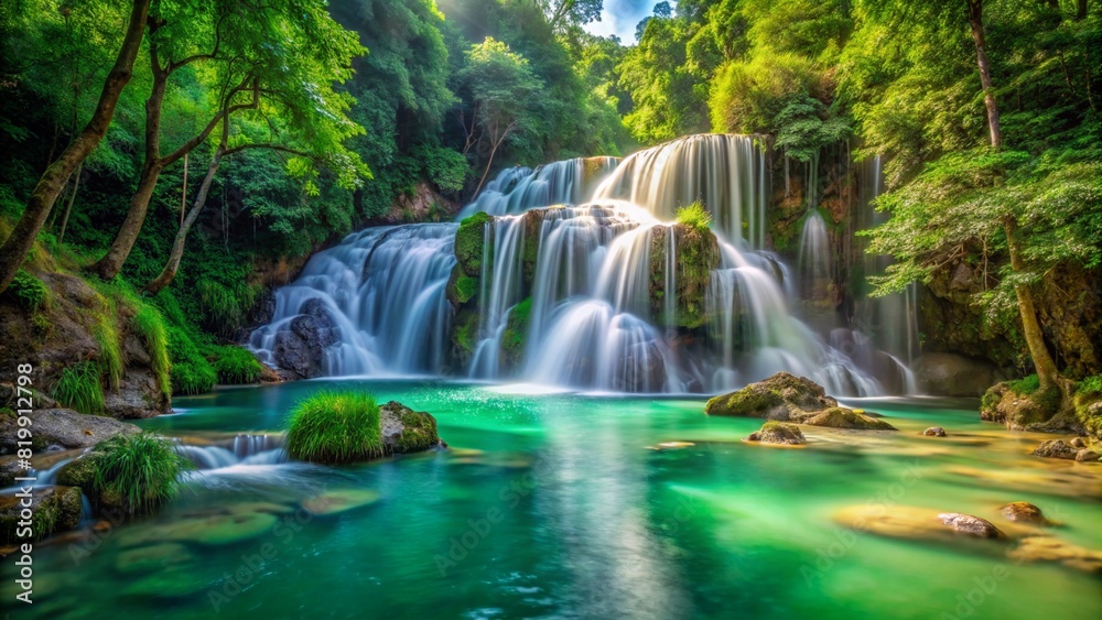 Fototapeta premium waterfall with clear green water with a green forest background and the sun shining