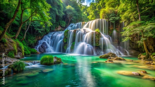 waterfall with clear green water with a green forest background and the sun shining