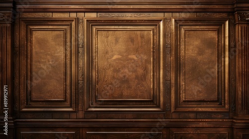 A wooden paneled wall with three empty frames. The wall is brown and has a vintage feel