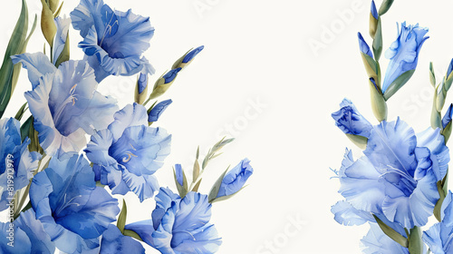 painting watercolor flower background illustration floral nature. Blue gladioli flower background for greeting cards weddings or birthdays. Copy space. 