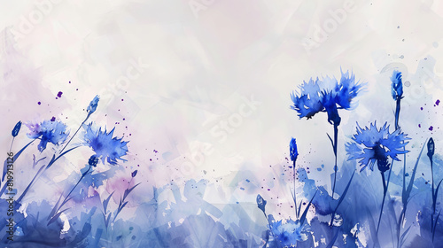 painting watercolor flower background illustration floral nature. Blue cornflowers flower background for greeting cards weddings or birthdays. Copy space.  photo