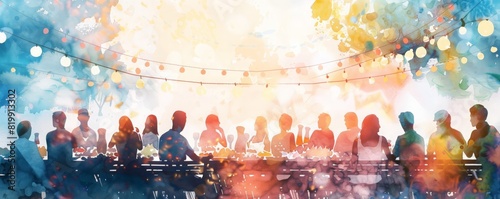 A group of people are sitting at a long table with a blue sky background, having a barbecue, bbq, illustrations, summer activities.