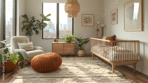 A minimalist nursery with neutral tones, featuring a sleek crib, a comfortable glider, and a simple wall decor