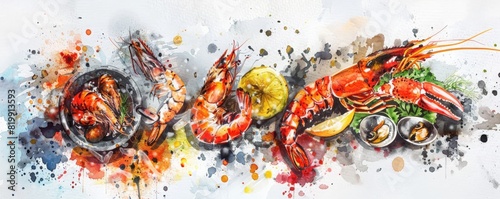 A painting of shrimp, crab, and lemon slices on a white background, having a barbecue, bbq, illustrations, summer activities.