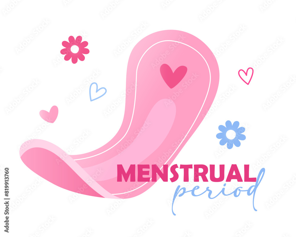 Vector illustration for womens menstruation days with hygiene pad and lettering menstrual period isolated on white background.

