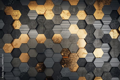 A hexagonal pattern on a wall with a mix of metallic gold and dark grey textures, modern graphic design on a striped backdrop, concept of luxury. 3D Rendering © Who is Danny