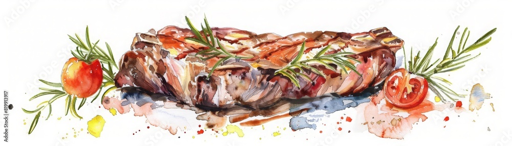 A steak with a tomato and rosemary on top, having a barbecue, bbq, illustrations, summer activities. A steak with a tomato and rosemary on top, having a barbecue, bbq, illustrations, summer activities.