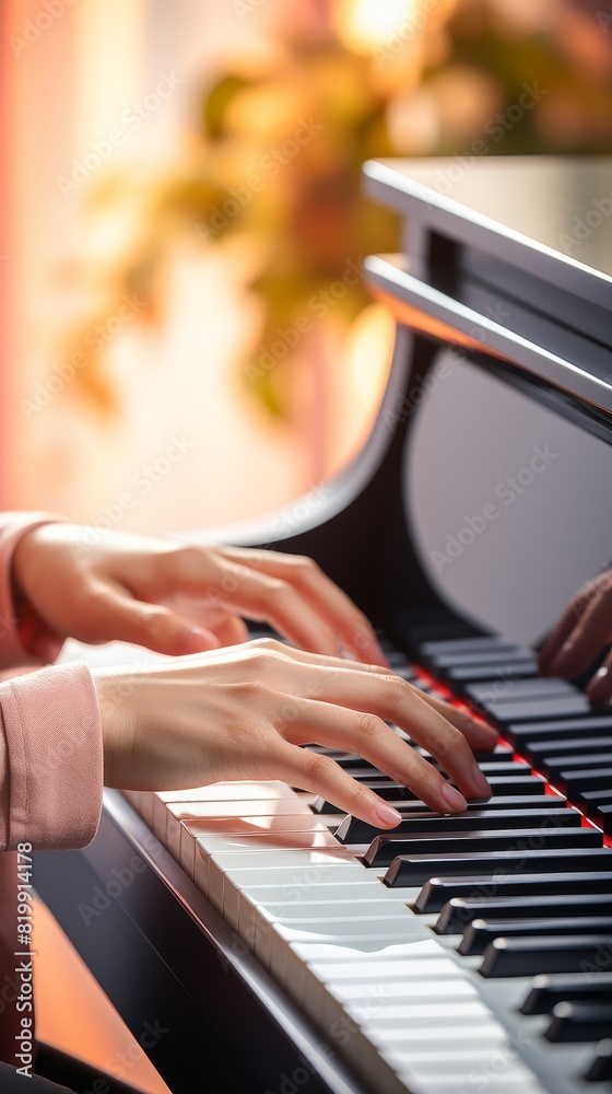 Obraz premium Closeup of hands playing a piano, illustrating the concept of melody in music, with focus on the keyboard and minimal background