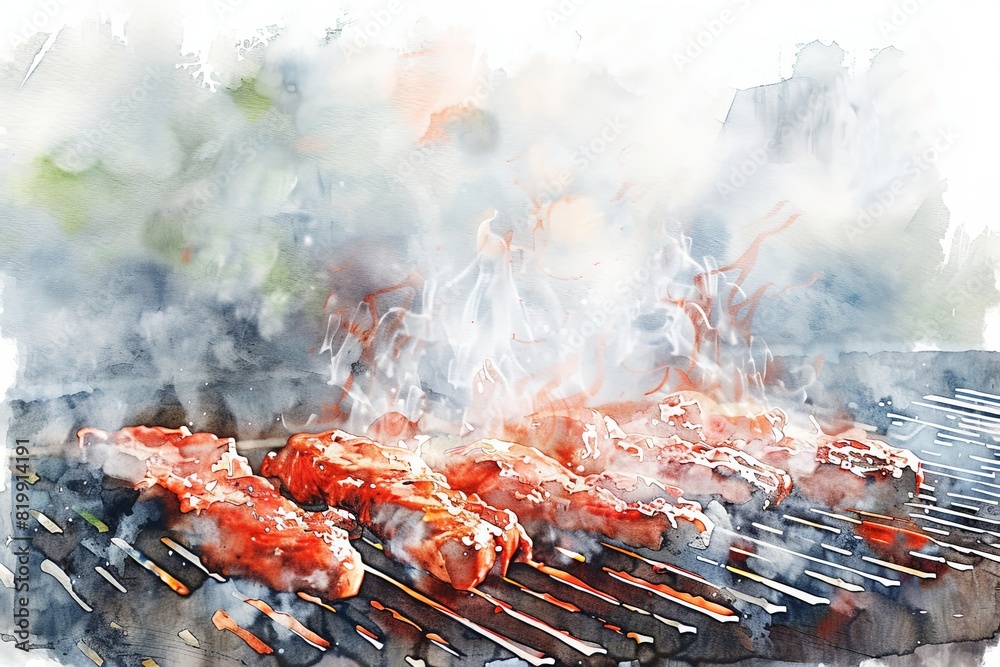 A painting of a grill with meat on it, having a barbecue, bbq, illustrations, summer activities. A painting of a grill with meat on it, having a barbecue, bbq, illustrations, summer activities.