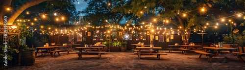 Outdoor beer garden setup with picnic tables, string lights, and vibrant decorations, ready for a festive celebration Twilight scene, inviting atmosphere