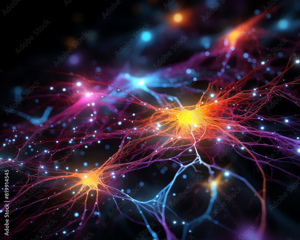 Complex neural network visualization showcasing layers and neuron activations in bright colors against a black background, suitable for advanced technology themes Complex neural network visualization showcasing layers and neuron activations in bright colors against a black background, suitable for advanced technology themes