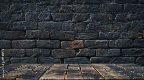 Selected focus empty brown wooden table and wall texture or old black brick wall blur background image for your photomontage or product display : Generative AI photo