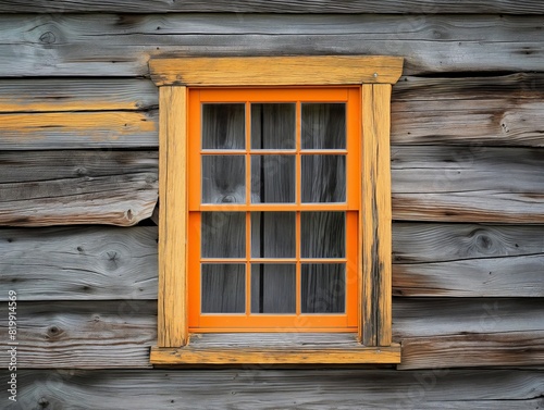 A window with a yellow frame and a wooden sill