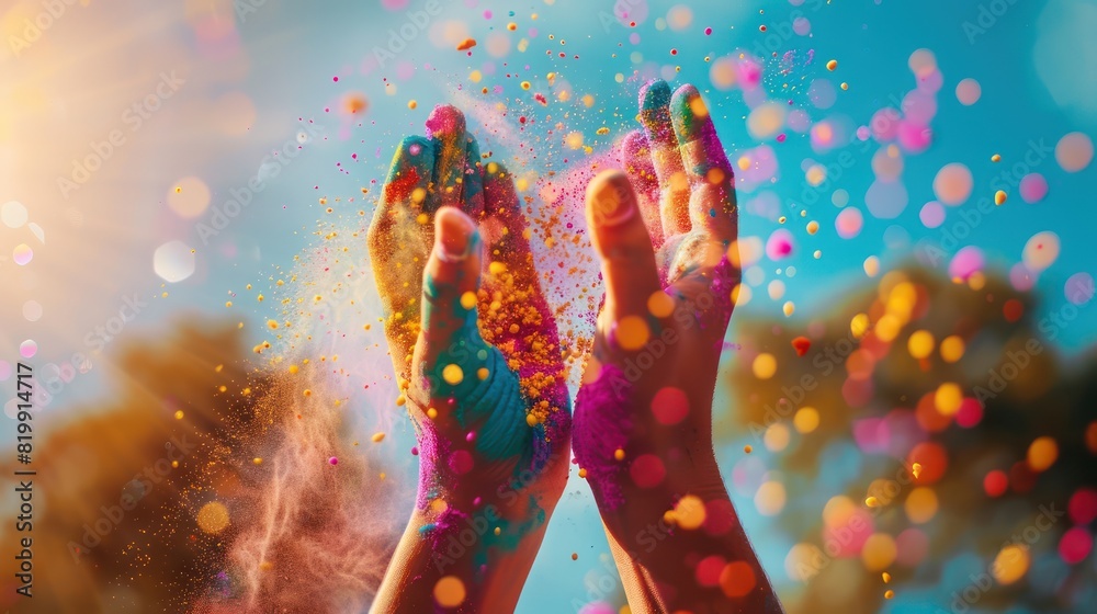 Close-up of hands holding handfuls of colorful powder, ready to be thrown into the air against a backdrop of radiant sunshine. Close-up of hands holding handfuls of colorful powder, ready to be thrown into the air against a backdrop of radiant sunshine.