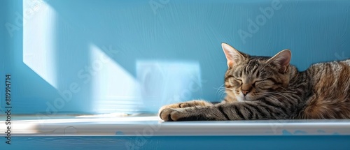 Cat napping on a windowsill,with Pastel Blue background,free space , with copy space for text