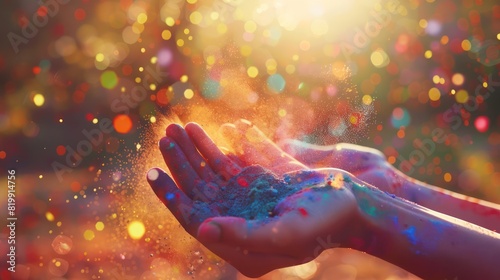 Close-up of hands holding handfuls of colorful powder, ready to be thrown into the air against a backdrop of radiant sunshine.