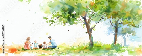 A family is sitting under a tree in a park, having a barbecue, bbq, illustrations, summer activities.