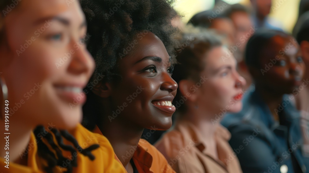 Close-up shot of diverse individuals with beaming smiles as they listen attentively to the seminar speaker. Close-up shot of diverse individuals with beaming smiles as they listen attentively to the seminar speaker.