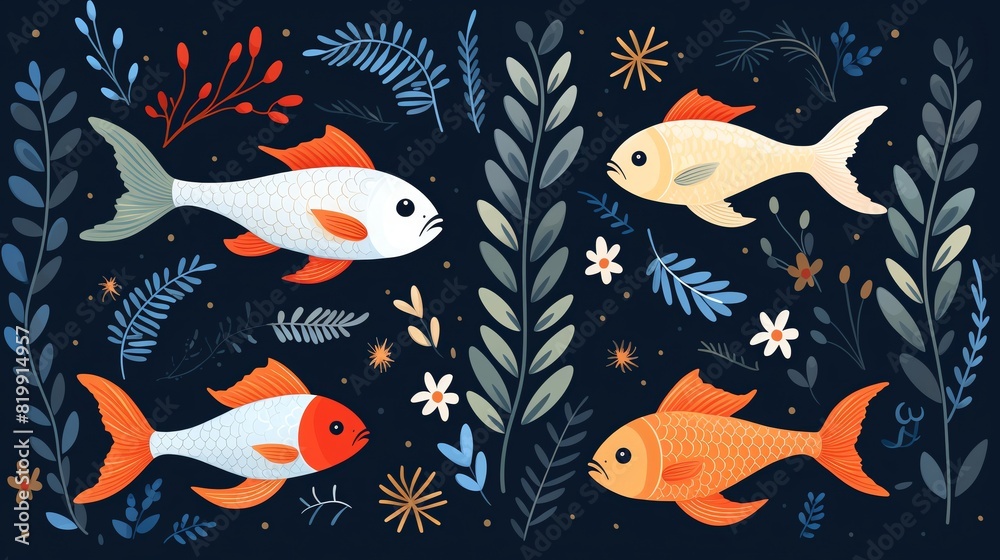 Fish feeding flat design top view interaction scene theme cartoon drawing Analogous Color Scheme Fish feeding flat design top view interaction scene theme cartoon drawing Analogous Color Scheme