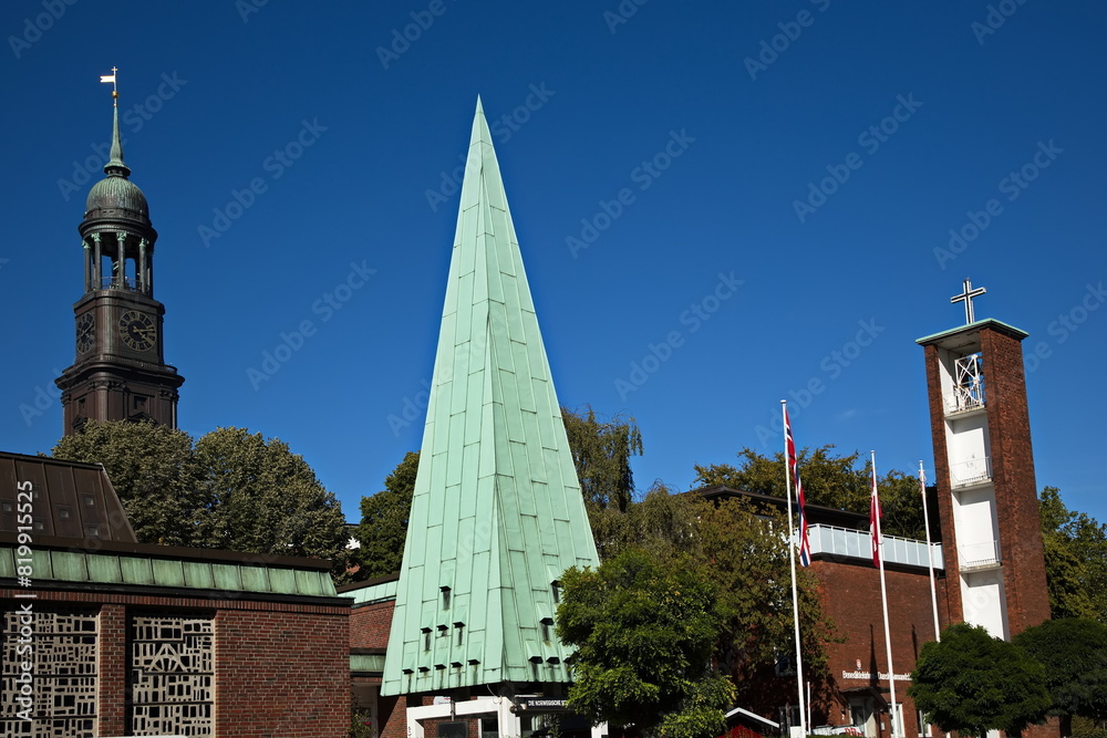 Fototapeta premium St. Michael's Church, Norwegian church and Danish church in Hamburg, Europe 