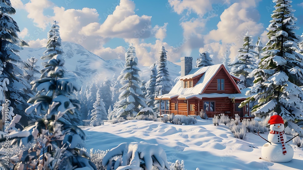 A cozy cabin nestled among snowy pine trees, with a cheerful snowman in the foreground