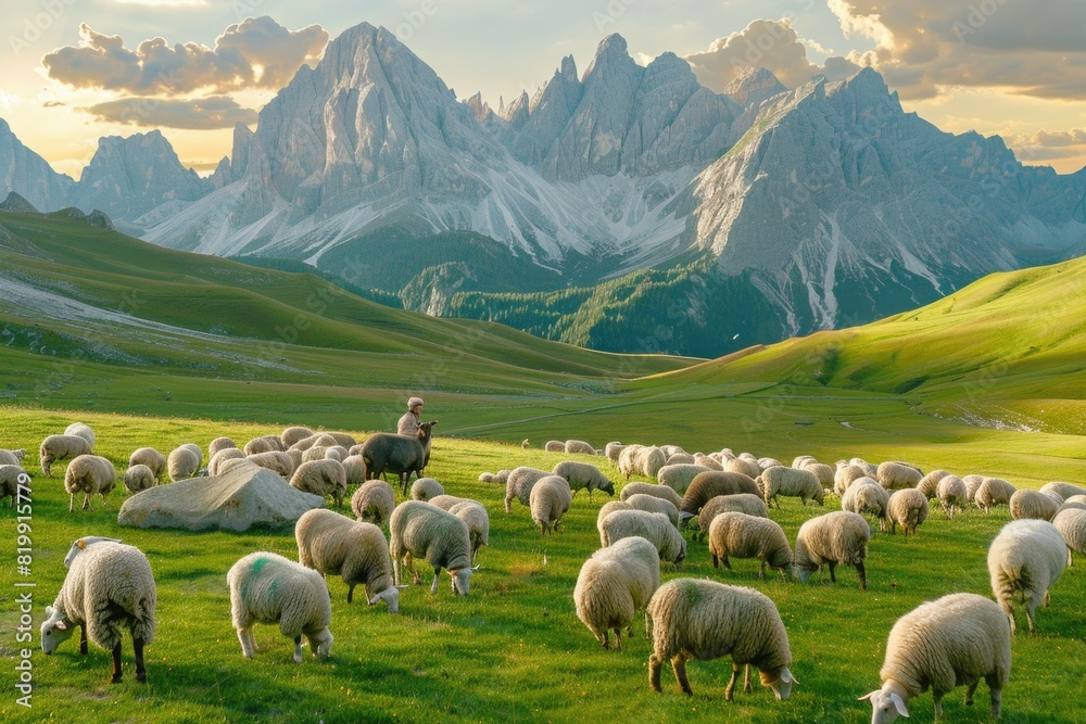 Obraz premium A herd of sheep peacefully grazing on a lush green field. Suitable for agricultural and nature-themed designs