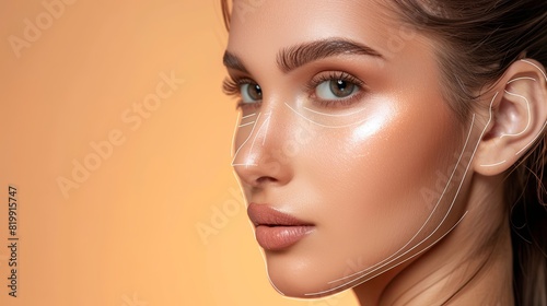 A womans face with visible contouring lines highlighting potential cosmetic enhancement areas, including tape wrapped around her neck. Generative AI